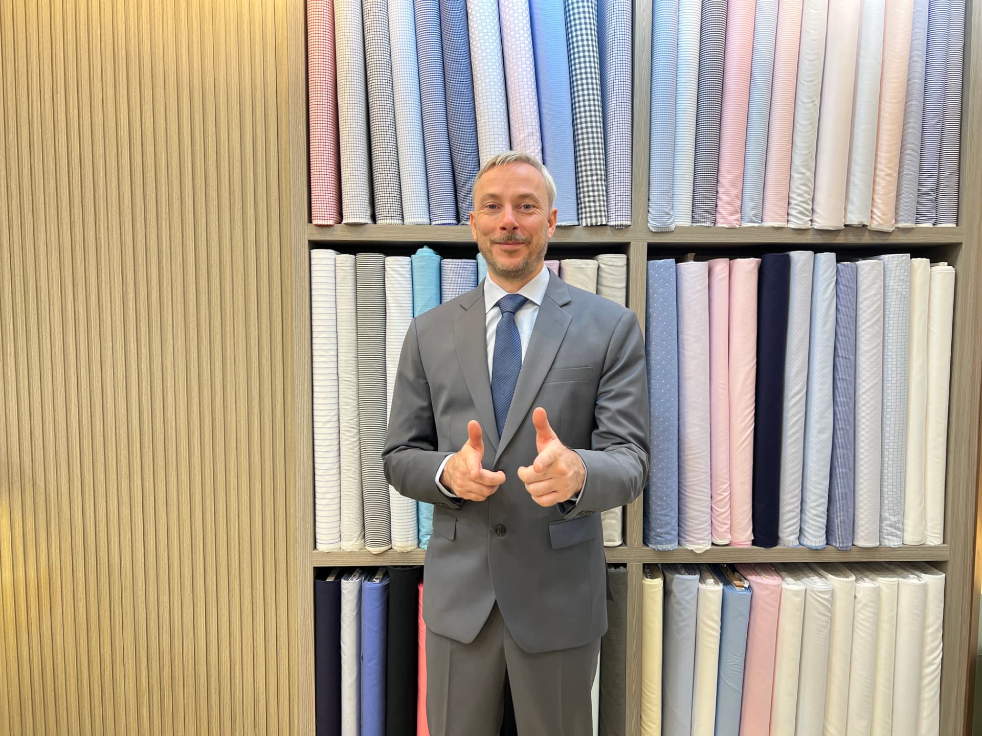 Grey Suit in the Shirt Room